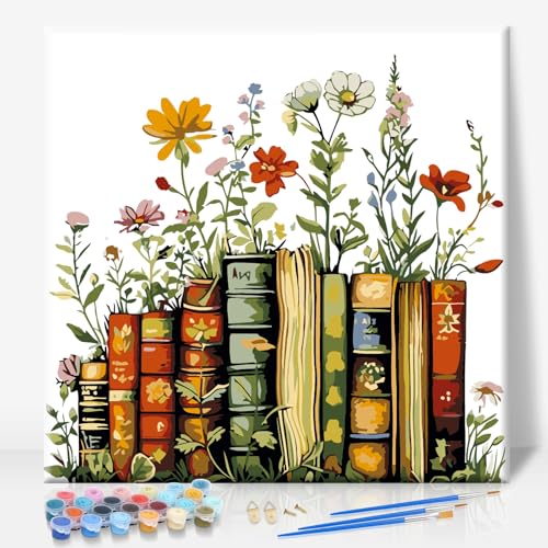 Camocin Framed Paint by Numbers Kit for Adults Beginner - Vintage Books and Wildflowers Paint by Number Canvas with Frame, Cottagecore DIY Acrylic Painting Kit for Book Lovers Home Decor 12x12 Inch - color: Book Flower-01, size: 12x12 Inch
