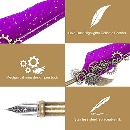 NC Quill Pen Set, Feather Pen With 5 Ink Bottles and 6 Replaceable Nibs, 1 Mechanical Quill, Calligraphy Pen for Writing, Letters, Diary, Signing, Invitation (Purple) - color: Purple