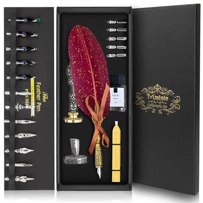 Quill Pen and Ink Set with Wax Seal Stamp - Red Feather Calligraphy Set for Beginners, Antique Dip Pen with 18 Nibs & Stand, Gift Boxed - color: RedFeather