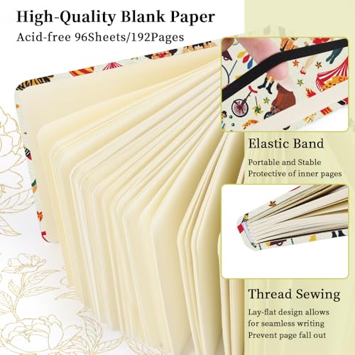 E-WEICHEN Square 4.8x4.8 inches 80gsm 96sheets/192 Pages Notebooks Blank Sketchbooks Travel Journal Pocket Hardcover Paint Writing Diary Memo Planner Cloth Cover. Circus Troup - color: Cloth Cover-4.8x4.8in-Circus Troup