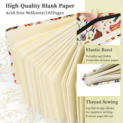 E-WEICHEN Square 4.8x4.8 inches 80gsm 96sheets/192 Pages Notebooks Blank Sketchbooks Travel Journal Pocket Hardcover Paint Writing Diary Memo Planner Cloth Cover. Circus Troup - color: Cloth Cover-4.8x4.8in-Circus Troup
