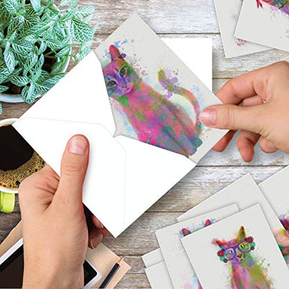 The Best Card Company 20 Assorted Blank Notecards Bulk Box Set 4 x 5.12 Inch with Envelopes (10 Designs, 2 Each) Funky Rainbow Cats AM6199OCB-B2x10 - style: Funky Rainbow Cats