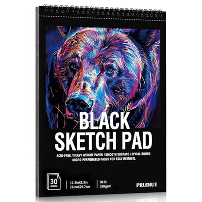 30 Sheets Black Paper Sketchbook, 98lb/160gsm Heavyweight Black Sketch Pad 8.3×11.7in, Acid-Free Drawing Paper, Spiral Bound Sketch Book for Kids, Teens, Artist - size: 8.3×11.3 Inch (1 pack)
