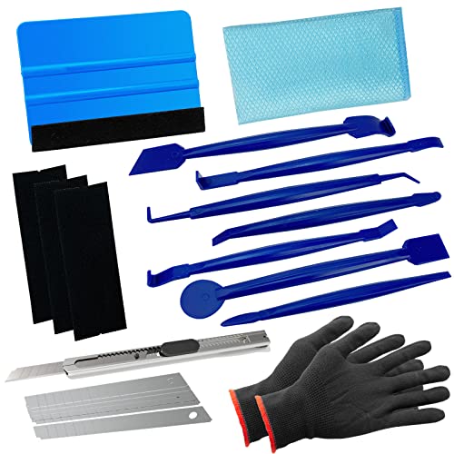 Spanno Vinyl Wrap Tool Kit Window Tint Kits for Window Film Installation, Include 7PCS Pro Tinting Stick Squeegee, Felt Squeegee, Vinyl Wrap Gloves, French Terry Cleaning Cloth and Utility Knife - color: Blue