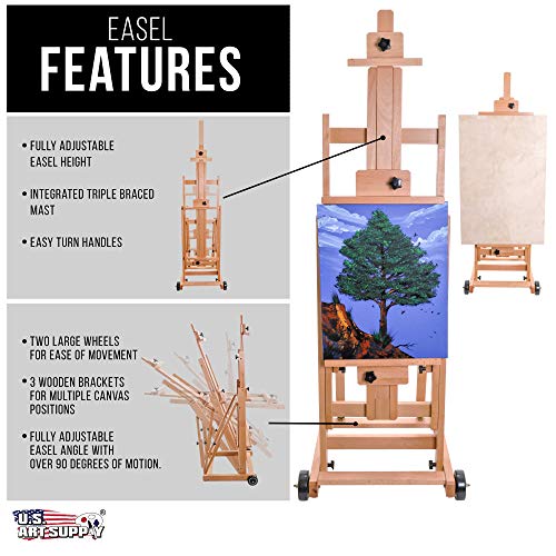 U.S. Art Supply Master Multi-Function Studio Artist Wooden Floor Easel - Large Heavy Duty Adjustable H-Frame, Tilts Flat, Mast Adjusts to 97" High - Beechwood Painting Canvas Holder Stand with Wheels