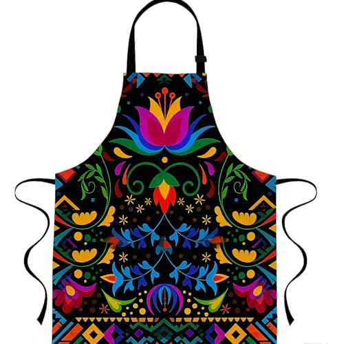 Mexican Floral Apron with 2 Pockets, Adjustable Apron for Cooking Baking BBQ Painting, Gifts for Women Men - color: Black-hua