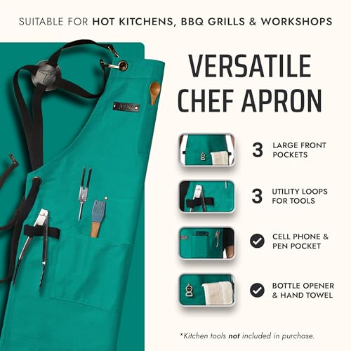 Asaya Chef and BBQ Apron with Bottle Opener and Hand Towel - 10oz Cotton Canvas, Stainless Steel Hardware - Cross Back Straps - color: Forest Green