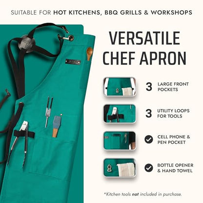 Asaya Chef and BBQ Apron with Bottle Opener and Hand Towel - 10oz Cotton Canvas, Stainless Steel Hardware - Cross Back Straps - color: Forest Green