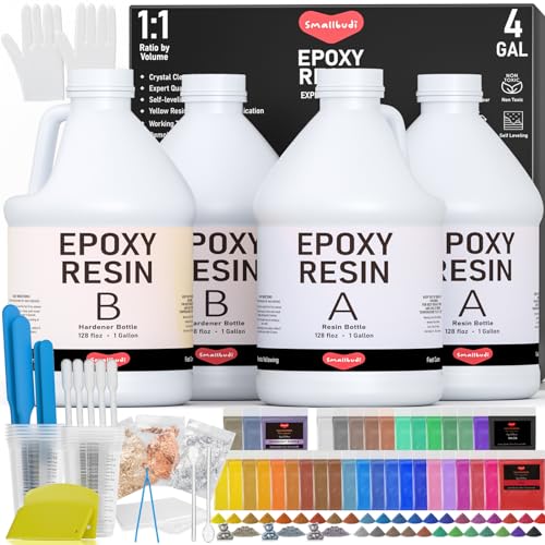 Smallbudi 4 Gallon Epoxy Resin Kit with Mica Powder, Gold Foil, Cups & Stick, Crystal Clear Resin Beginner Supplies for Coating Casting Table, Molds, Jewelry Making, DIY Art Craft, 1:1 Ratio - size: 4 gallon