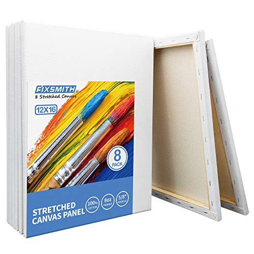 FIXSMITH Stretched White Blank Canvas - 12 x 16 Inch, Bulk Pack of 8, Primed, 100% Cotton, 5/8 Inch Profile of Super Value Pack for Acrylics,Oils & Other Painting Media. - size: 12"x16"