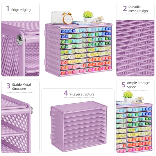 Marbrasse Mesh Marker Organizer, Metal Desktop Storage Rack for 126 Markers, Pens, Pencils, 9 Tier Marker Holder for Office Classroom & Home Art Supplies(Purple)