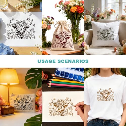 2 Sheets Highland Cow with Floral Silkscreen Stencil, Farmhouse Cow Self-Adhesive Silk Screen Printing Stencils Reusable Mesh Stencil for Painting on Wood, T-Shirt, Home Craft - color: Highland Cow