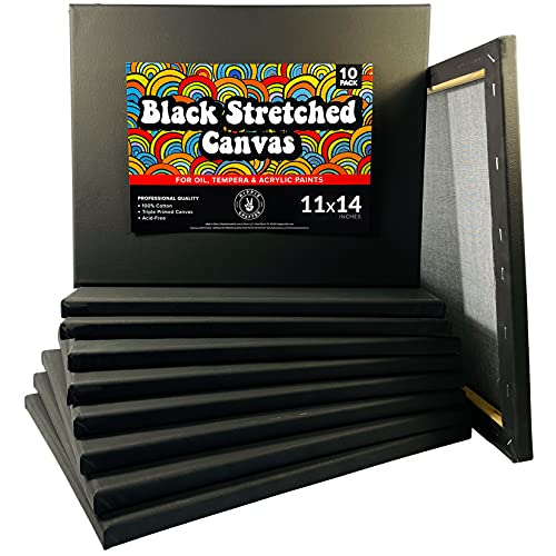 Stretched Black Canvas for Painting, 10 Pack 11x14 Blank Canvases, Gesso Primed, Ideal for Oil, Acrylic, and Watercolor Art, Perfect for Artists and Painting Projects - size: 11x14