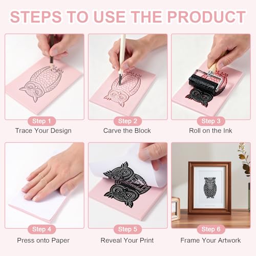 Jieting 18 PCS Linoleum Blocks for Printmaking, 4 x 6 Inch 1/4 Inch Thick Pink Rubber Carving Blocks for Stamp Carving with 12 Carving Pens and Ink Brayer Roller for DIY Linocut Art Projects