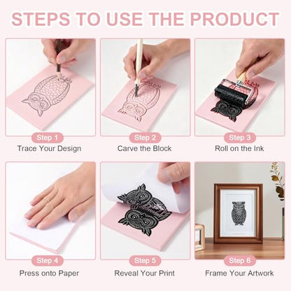 Jieting 18 PCS Linoleum Blocks for Printmaking, 4 x 6 Inch 1/4 Inch Thick Pink Rubber Carving Blocks for Stamp Carving with 12 Carving Pens and Ink Brayer Roller for DIY Linocut Art Projects