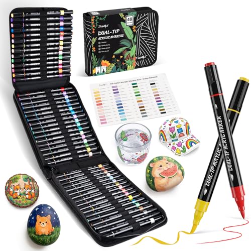 JusArt 48 Colors Acrylic Paint Markers Set with Canvas Bag, Dual Tips with Brush Tip & Fine Tip, No-Bleed, Waterproof, Non-Toxic & Odorless Paint Pens for Rock, Egg, Wood, Canvas, Glass, Ceramic, DIY - color: Canvas Bag - 48 Colors