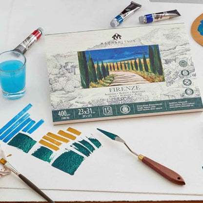 Magnani 1404 Firenze 100% Cotton Acrylic Paint Paper Pad, 12x16 188 lb. 15 Heavyweight Sheets, Rough Texture, Vegan Sizing, Natural White Acrylic Paper Pad for Acrylic, Gouache, Ink & Watercolor - size: 12x16"