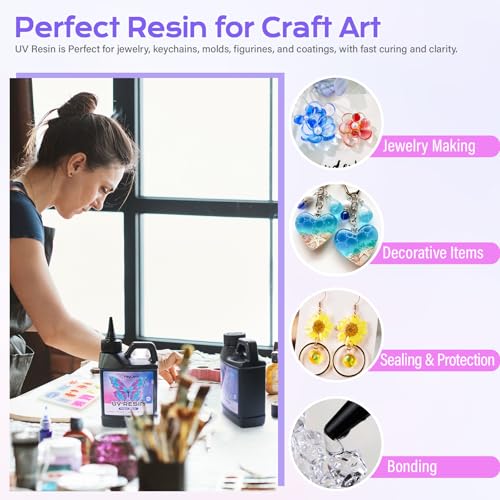 HeyClear 1000g UV Resin kit Crystal Clear, Hard, Low Odor, Premixed UV Epoxy Resin Glue Fast Curing for Beginners Jewelry Making, DIY Crafts, Casting Coating and Resina Art - size: 1000g