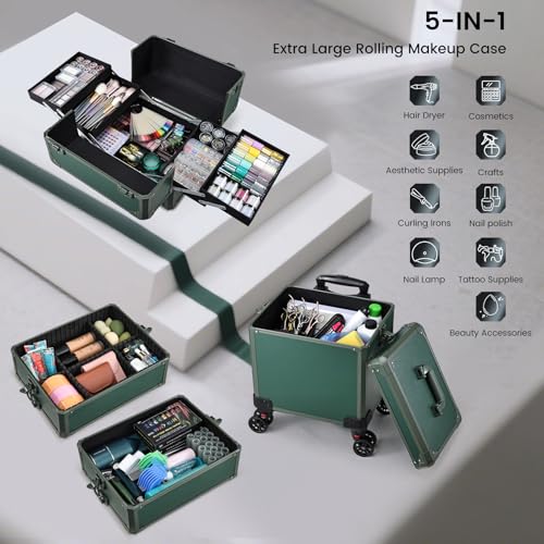Rolling Makeup Case Makeup Train Case with Lid 5 in 1 Cosmetology Case on Wheels Cosmetic Trolley Organizer Large Makeup Organizers Case Profesional Cosmetic Case for Salon Barber Nail Beauty, Green - color: Green