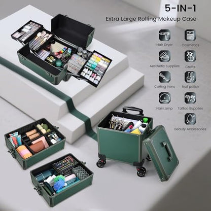 Rolling Makeup Case Makeup Train Case with Lid 5 in 1 Cosmetology Case on Wheels Cosmetic Trolley Organizer Large Makeup Organizers Case Profesional Cosmetic Case for Salon Barber Nail Beauty, Green - color: Green