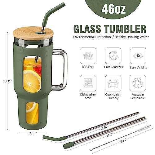 WINSA Glass Tumbler with Lid and Straw, 46 oz Iced Coffee Cup with Handle, Large Water Bottles with Silicone Sleeve, Glass Cup with Straws - Pearl Straw & Drinking Straw BPA Free-Olive - color: Olive, size: 46 Ounces