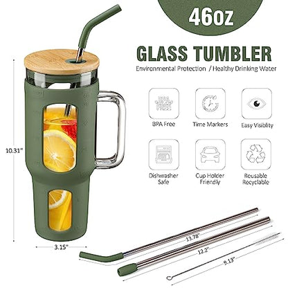 WINSA Glass Tumbler with Lid and Straw, 46 oz Iced Coffee Cup with Handle, Large Water Bottles with Silicone Sleeve, Glass Cup with Straws - Pearl Straw & Drinking Straw BPA Free-Olive - color: Olive, size: 46 Ounces