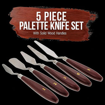 Palette Knife Set, 5 PCS Stainless Steel Painting Knives with Wood Handles for Acrylic Painting, Oil Painting, Canvas Texturing, Mixing, Blending, Impasto, Art Supplies for Artists, Beginners