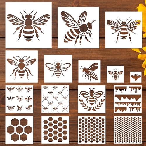 JarThenaAMCS 16Pcs Bee Stencils Assorted Bee Honeycomb Templates Stencils Reusable Summer Plastic Drawing Painting Template for DIY Art Craft Painting on Wood - style: Bee