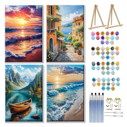 JOOZ 4 Pack Paint by Numbers Kit for Adults with Frame Seaside Sunset Paint by Number with Easel DIY Beach Sea Adult Paint by Number Kit on Canvas Oil Painting Kits for Home Wall Decor 8x12 Inch - color: Seaside Sunset 009