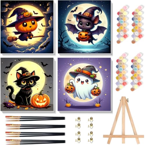 Arttoplus 4 Pack Halloween Paint by Numbers Kit for Kids with Frame, Halloween Kids Paint by Numbers Ages 4-8-12 with Wooden Easel,Easy Oil Painting by Number for Gift Home Wall Decor(8x8 inch) - color: BKH2600+BKH2601+BKH2602+BKH2603-US