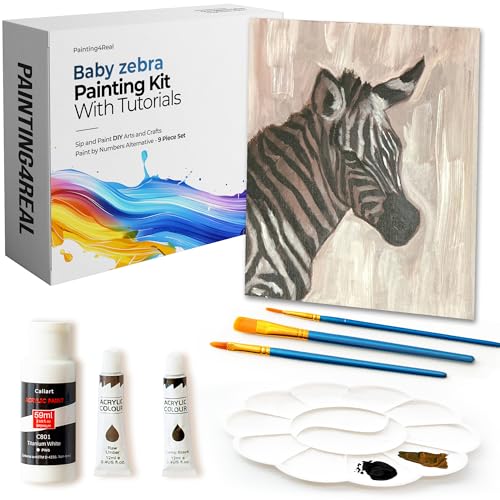 Painting4Real DIY Art Painting Kit for Adults with Video Tutorials – Learn to Paint Baby Zebra - 9 Pieces Acrylic Paint Set & Art Supplies for Adults, Mother Day Gift for Mom, Women, Men, Art Lovers - color: Baby Zebra