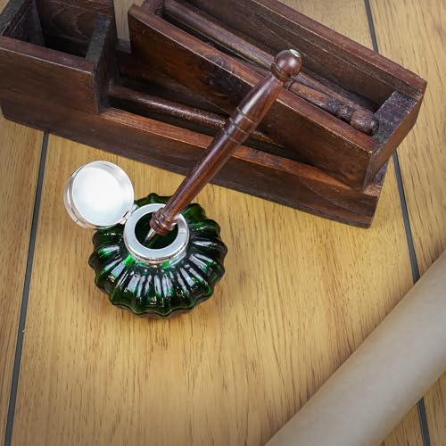 Vintage Fountain Pen Ink Bottle - Fancy Vintage Glass Bottle Inkwell, Office Supplies for Writers Desk - Ideal for Dip Pen Ink, Calligraphy, Dark Academia Writing Supplies - 3.5" Green Glass