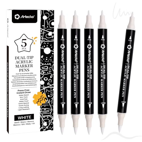 Artecho Dual Tip Acrylic Paint Pen White 5pcs set-Fine Tip and Brush Tip for Stone, Rock Painting, Paper, Pumpkin, Wood, Egg, Canvas, Ceramic, Fabric, leather, Glass, DIY Crafts - color: 5 Pcs White