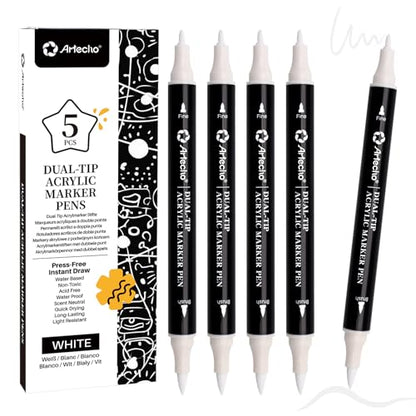 Artecho Dual Tip Acrylic Paint Pen White 5pcs set-Fine Tip and Brush Tip for Stone, Rock Painting, Paper, Pumpkin, Wood, Egg, Canvas, Ceramic, Fabric, leather, Glass, DIY Crafts - color: 5 Pcs White