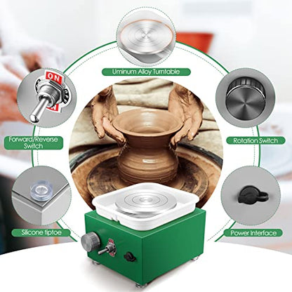 Mini Pottery Wheel Machine for Adults & Beginners, 2 Turntables (3.94" & 2.56") | 0-2000 RPM Adjustable Speed Pottery Machine Removable Splash Tray Ceramic Making Kit Includes 8 Sculpting Tools - color: Green