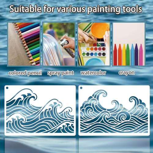 6 Sheets Wave Stencils for Painting, 6 Styles Summer Ocean Sea Wave Wall Stencil Template Reusable Beach Theme Decor Stencils for Painting on Wall Wood Home Decor - style: Waves