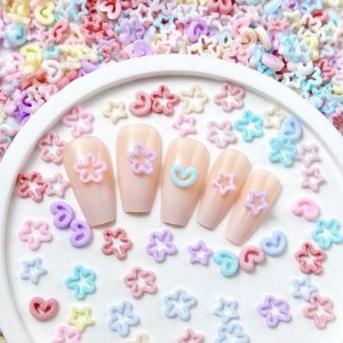 350PCS Kawaii Nail Charms Mixed Color 3D Stars Nail Rhinestones Hollow Heart Nail Gems and Charms for DIY Acrylic Small Flower Cute Love Nail Accessories for Women DIY Manicure Craft Jewelry Supplies - color: pink