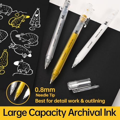 GETHPEN White Gel Pens, 0.8mm Fine Point Gel Ink Pen Set – 3 Pack Opaque Archival Ink for Black Paper Drawing, Sketching, Card Making & Bullet Journaling - size: 3 Count (Pack of 1), style: 3 Pack White