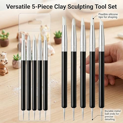 Tool Set, 5Pcs Double-Ended Clay Sculpting Tools with 5mm Black Handle Silicone Tips and Dotting Ends, Ceramic Pottery Carving Tools and Supplies for DIY Sculpture and Air Dry Clay