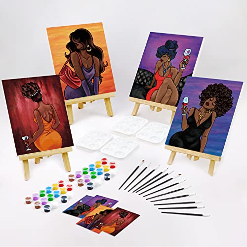 VOCHIC 4 Pack Pre Drawn Canvas Painting Kit for Adults Paint and Sip Party Supplies 12x16 in 8 Acrylic Colors, Brushes, Pallet Chic Girl Art Set - size: 12x16, style: style 2