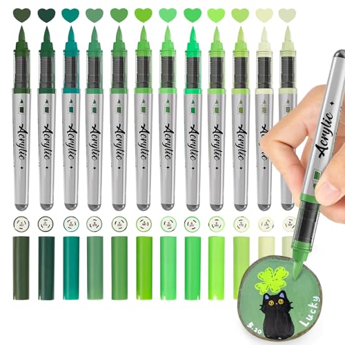Woomer Acrylic Paint Markers 12 Green Colors Auto Flow Brush Pens for Art | Lightweight, Good-Coverage Acrylic Ink for Smooth Layers + Easy Corrections with Less Buildup, Water-based Dries Waterproof - color: Green