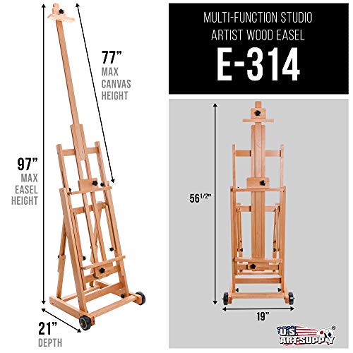 U.S. Art Supply Master Multi-Function Studio Artist Wooden Floor Easel - Large Heavy Duty Adjustable H-Frame, Tilts Flat, Mast Adjusts to 97" High - Beechwood Painting Canvas Holder Stand with Wheels