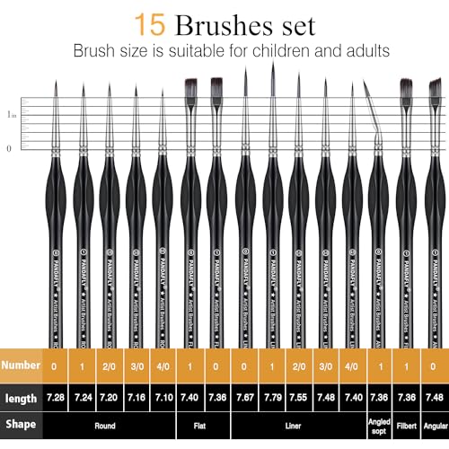 PANDAFLY Detail Paint Brushes Set, 15pcs Miniature Brushes for Fine Detailing & Art Painting - Acrylic, Oil, Watercolors & Paint by Number, Models, Face, Nail, Craft - size: 15 Size