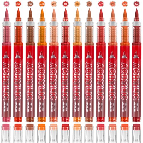 12 Colors Acrylic Paint Pens - Red Paint Pens Markers, Brush Tip & Direct Ink Flow Suitable for Stone,Paper,Wood,Glass,Fabric Paint,DIY Crafts (Red) - color: Red