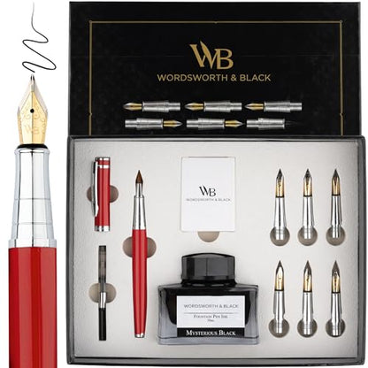 Wordsworth & Black Calligraphy Pen Gift Set, Includes Bottle, 6 Cartridges, Refill Converter, 6 Replacement Nibs, Premium Package, Journaling, Smooth Writing Pens [Red Chrome] - color: Red Chrome