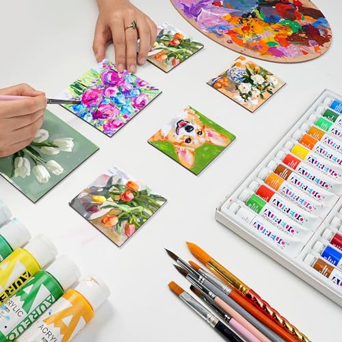 AUREUO Mini Magnetic Canvas Panel 4x4 Inch / 24 Pack - Small Square Flat Canvas Board with Magnet Back Art Gift Set, Bulk Pack Tiny Thin Canvases for Painting & Craft - size: 4"x4", Canvas Panel