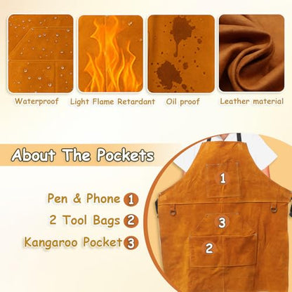 Urby Big and Tall Plus Size Work Apron: Flame Resistant Leather Welding Apron, Wood and Workshop Canvas. Butcher Rubber. - style: Plus Size: Leather + Gloves