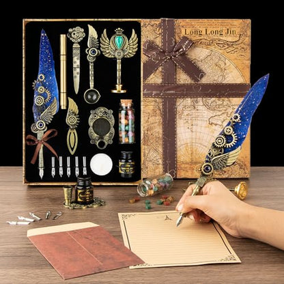 Quill Pen Ink Set with Seal Stamp - Feather Calligraphy Pen and Ink Set, Wax Seal Stamp Kit, Calligraphy Copybook,Beginner Calligraphy Quill Pen Lovers of All Ages Selection Gift (Blue)