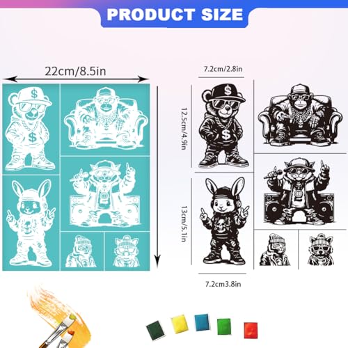 2 Sheets Trendy Animals Silkscreen Stencil, Fashion Bear Rabbit Cat Gorilla Tiger Reusable Stencils Templates Self-Adhesive Silk Screen Printing for Wall Border Wood Fabric Decor - style: Trendy Animals