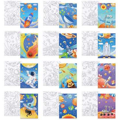 12 Packs Pre Drawn Canvas to Paint, Space Party Favors Pre Printed Canvas, Pre Stretched Canvas Outline Painting Boards for Beginners, Party Favor (5" X 7") - style: Space